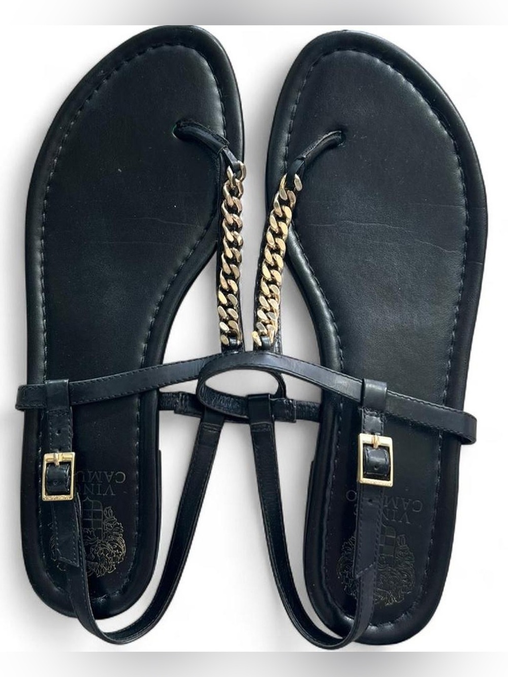 Vince Camuto Black T-Strap Sandals with Gold Chain
